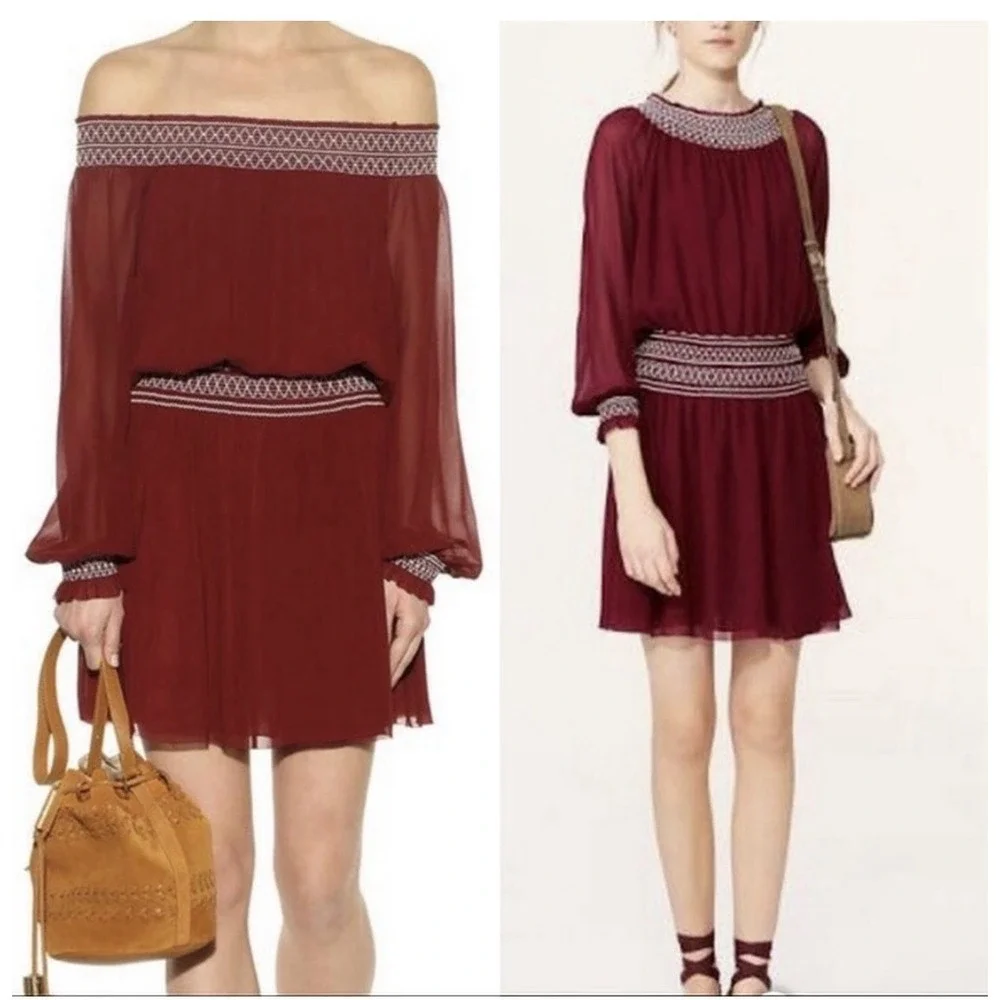 Tory Burch Indie‎ Boho Silk Georgette Off-The-Shoulder Mini Dress Size 14